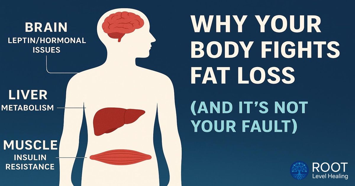 A scientific illustration showing metabolic pathways and hormones that prevent fat loss, including insulin resistance and leptin dysfunction.