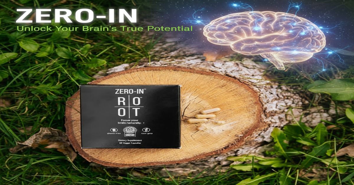 A high-quality product shot of the Zero-In bottle in front of a stylized, glowing brain, representing focus and mental clarity.