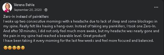 Verena Behle's Facebook testimonial about using Zero-In instead of painkillers for headache relief
